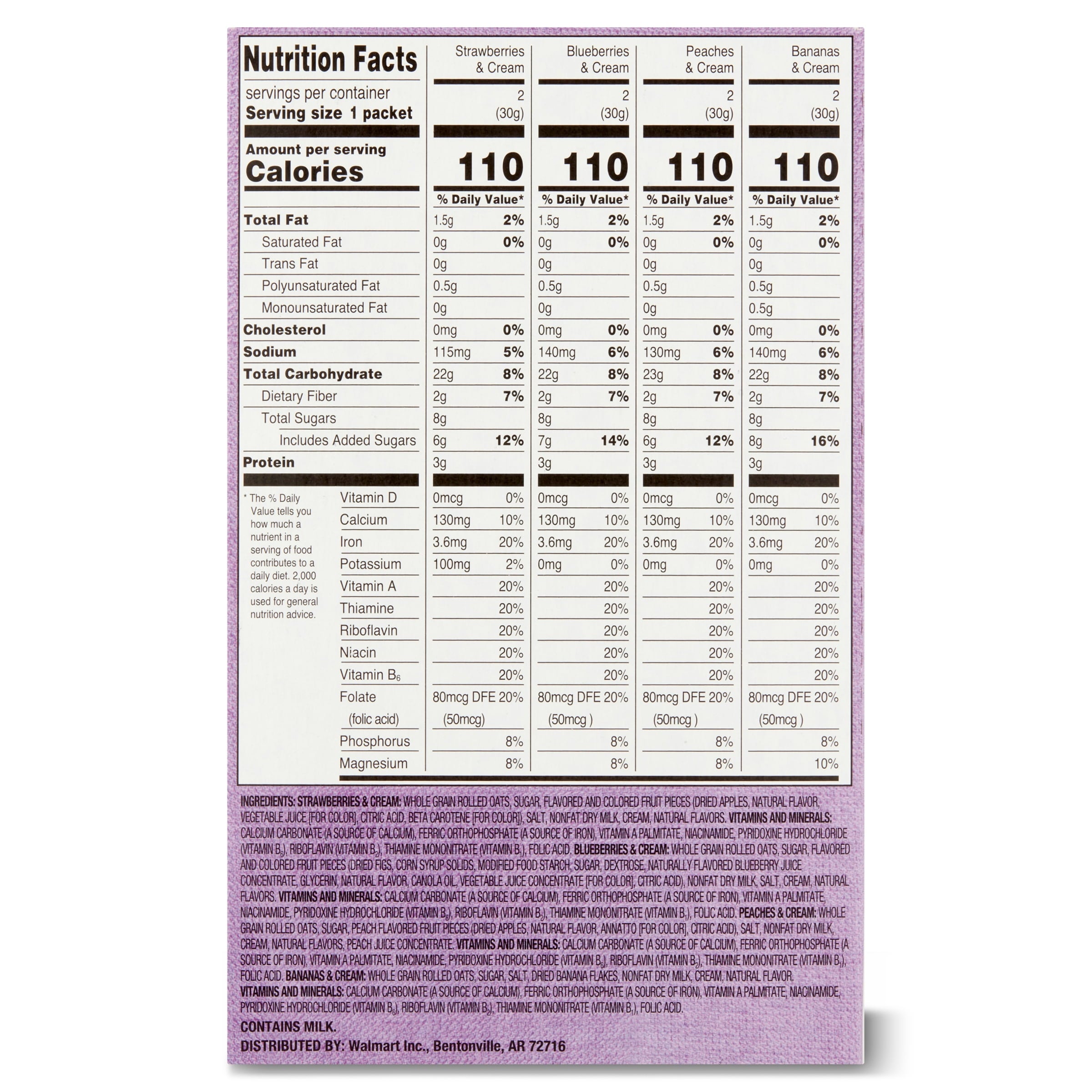 Great Value Instant Oatmeal Fruits and Cream Variety Pack, 1.23 oz, 8 Count