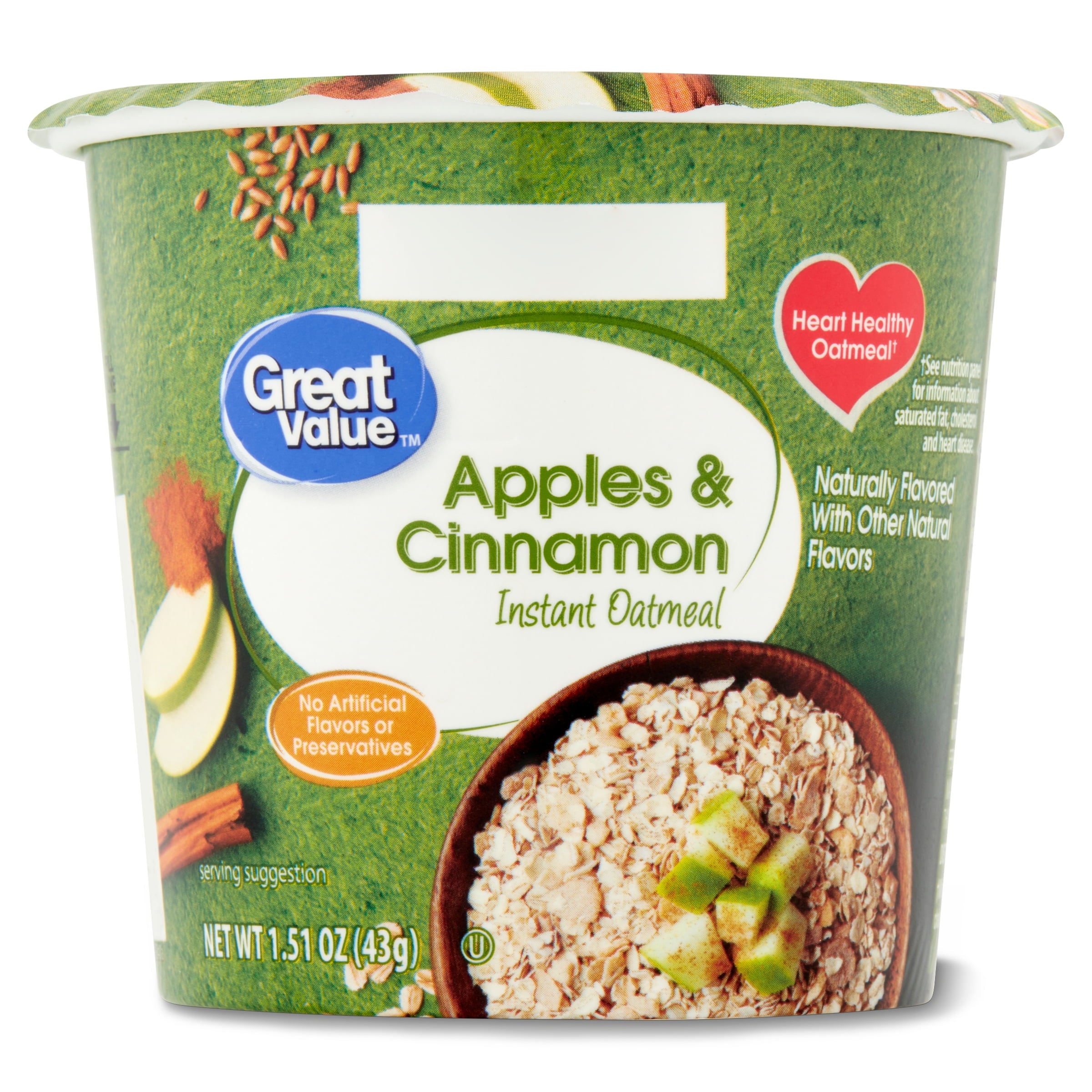 Great Value Apples and Cinnamon Instant Oatmeal Cup, 1.51 oz