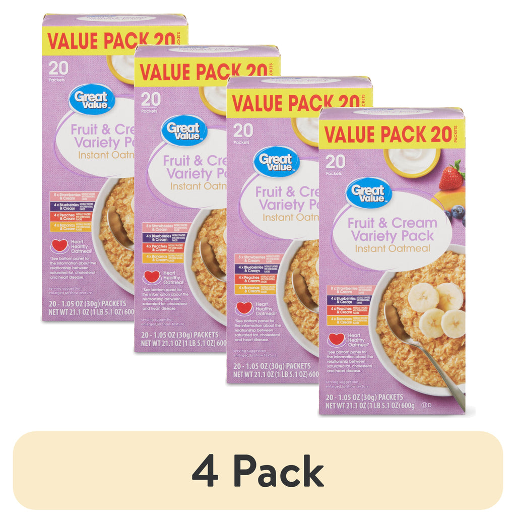 (4 pack) Great Value Fruit & Cream Instant Oatmeal Variety Pack, 1.05 oz, 20 Count