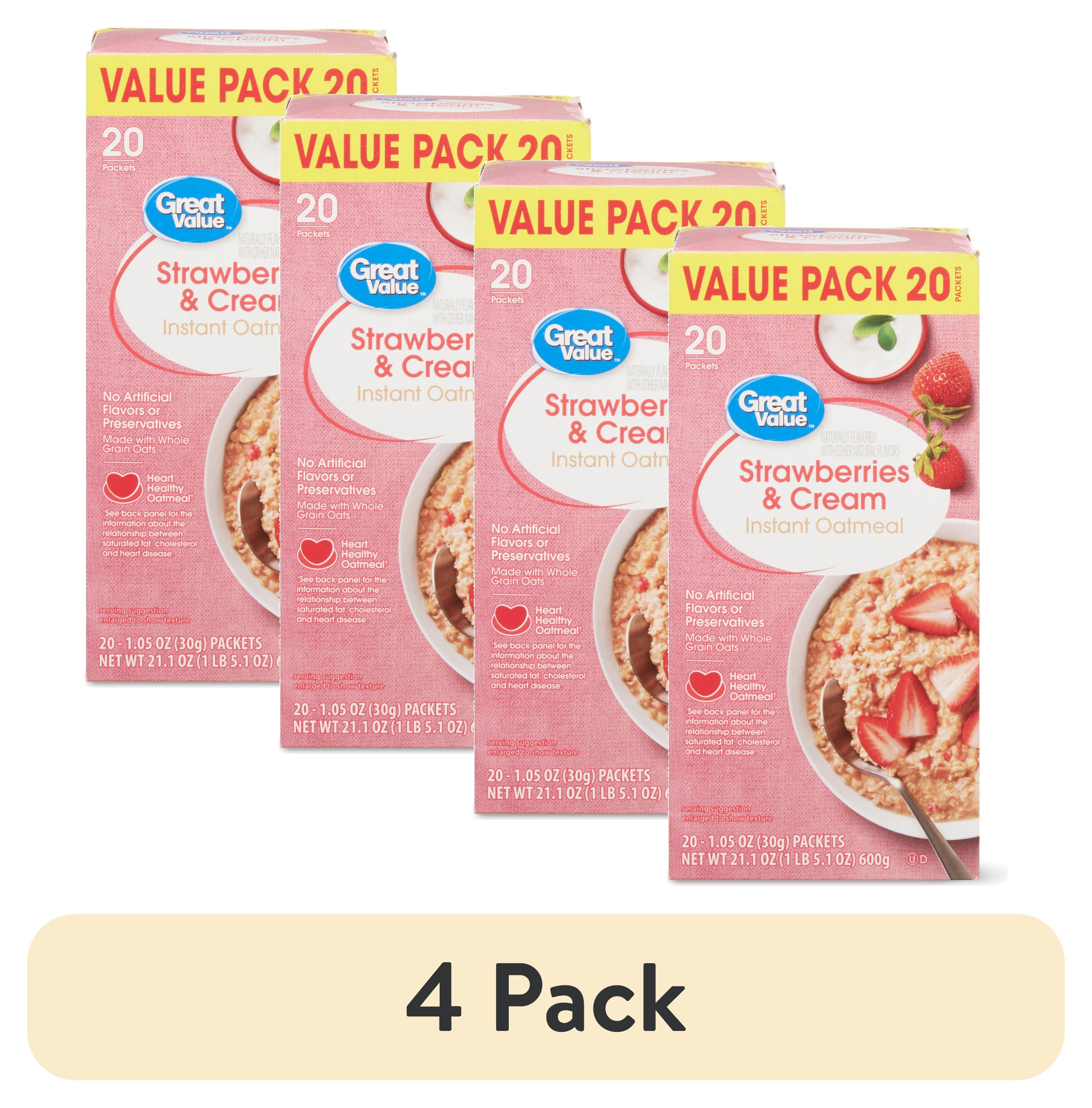 Great Value Strawberries & Cream Instant Oatmeal Value Pack, 1.05 oz, 20 Count