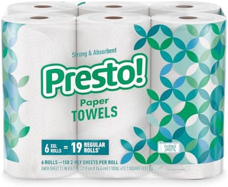 Amazon Brand - Presto! Ultra-Strong Premium Paper Towels, 158 Sheet Huge roll - Flex-a-Size, 6 Rolls, Equivalent to 19 Regular Rolls, White