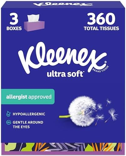 Kleenex Ultra Soft Facial Tissues, 3 Flat Boxes, 120 Tissues per Box, 3-Ply (360 Total), Packaging May Vary