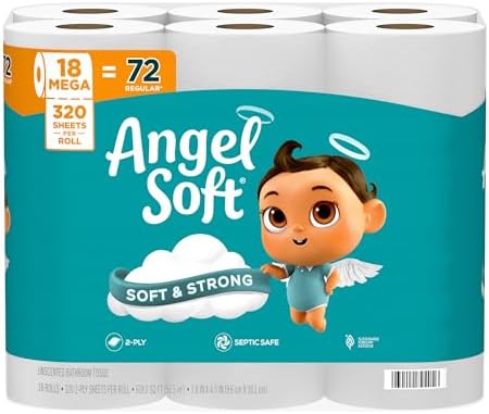 Angel Soft Toilet Paper, 18 Mega Rolls = 72 Regular Rolls, Soft and Strong Toilet Tissue