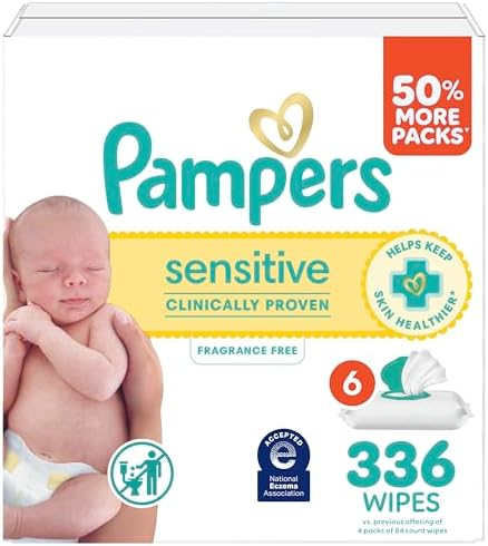 Pampers Sensitive Baby Wipes, Clinically Proven, Fragrance Free, Unscented, Water Based, Hypoallergenic, Multi-Use, Hand Wipes 336 Wipes Total (6X Flip-Top Packs) [Packaging May Vary]