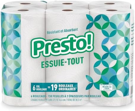 Amazon Brand - Presto! Ultra-Strong Premium Paper Towels, 158 Sheet Huge roll - Flex-a-Size, 6 Rolls, Equivalent to 19 Regular Rolls, White