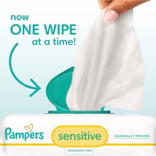 Pampers Sensitive Baby Wipes, Clinically Proven, Fragrance Free, Unscented, Water Based, Hypoallergenic, Multi-Use, Hand Wipes 336 Wipes Total (6X Flip-Top Packs) [Packaging May Vary]