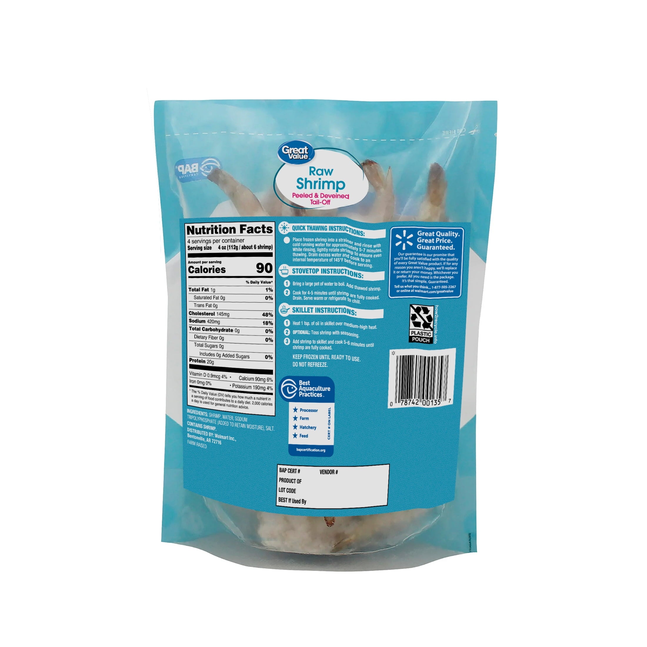 Great Value Frozen Raw Jumbo Tail-off Shrimp, 16 oz Bag (21-30 Count per lb)