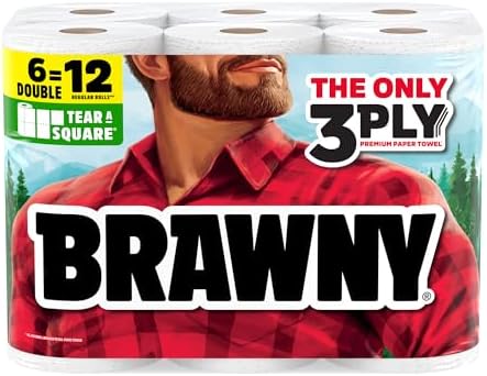 Brawny Tear-A-Square 3-Ply Paper Towels, 6 Double Rolls = 12 Regular Rolls, Strong, Absorbent, and Durable with 3 Sheet Sizes (Quarter, Half, Full)