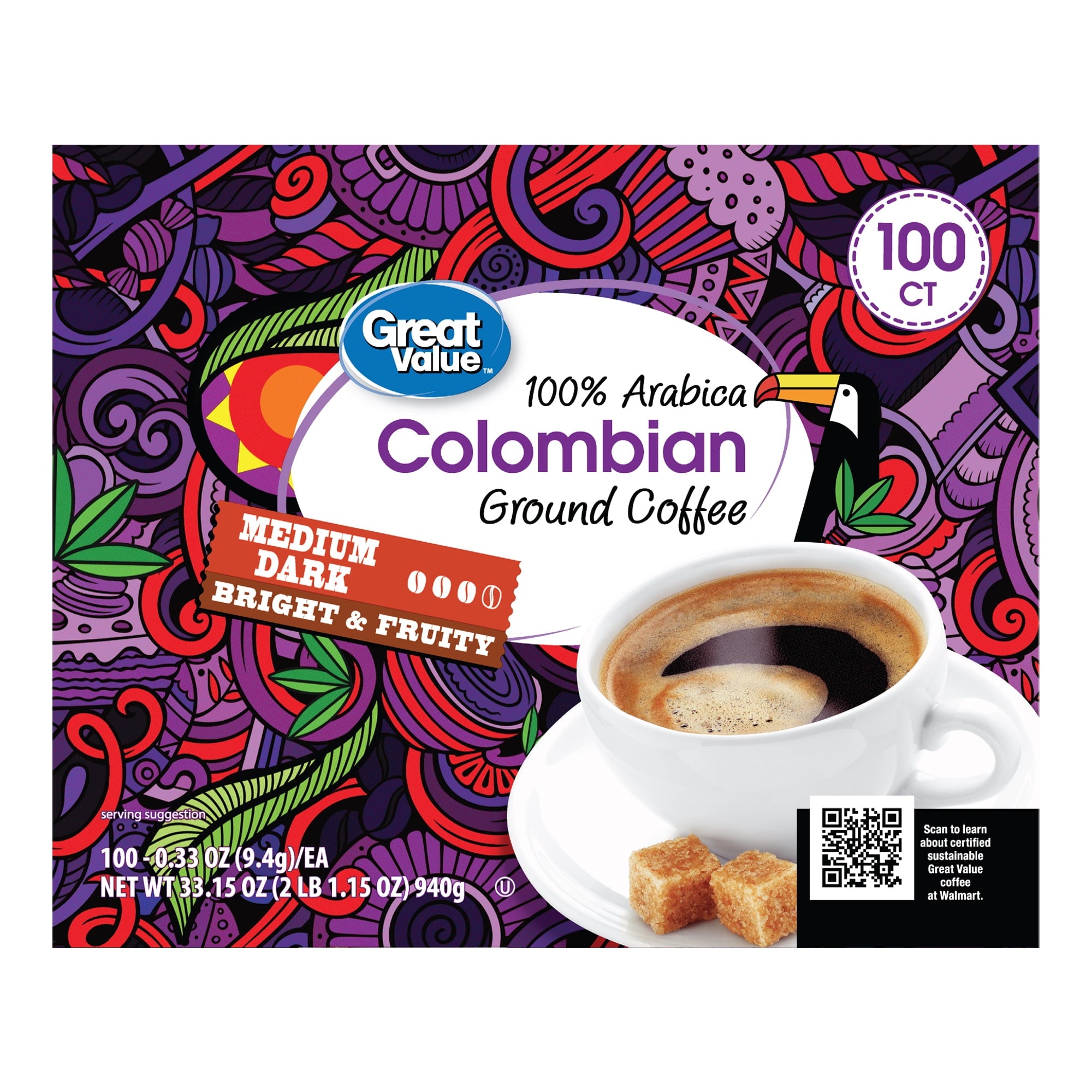 Great Value 100% Arabica Colombian Medium Dark Roast Ground Coffee Pods, 33.1 oz, 100 Count