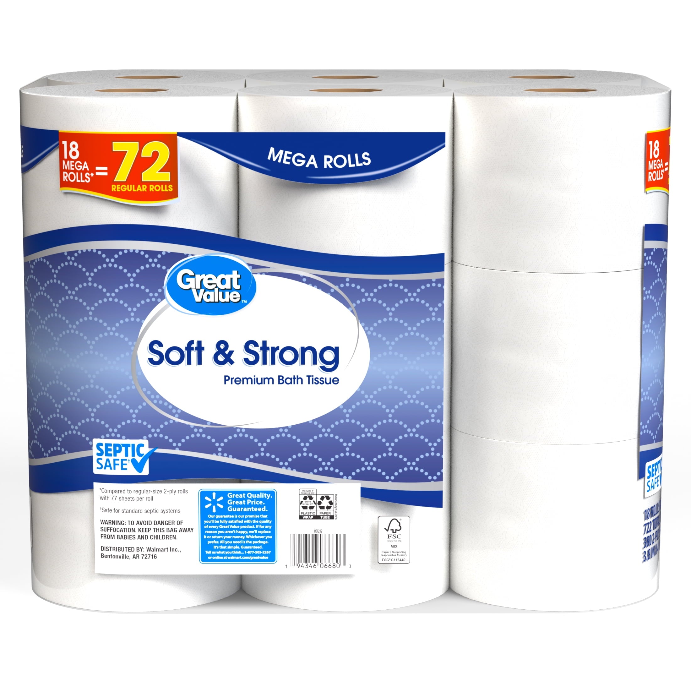 Great Value Soft & Strong Toilet Paper, 12 Mega Rolls, 380 Sheets per Roll