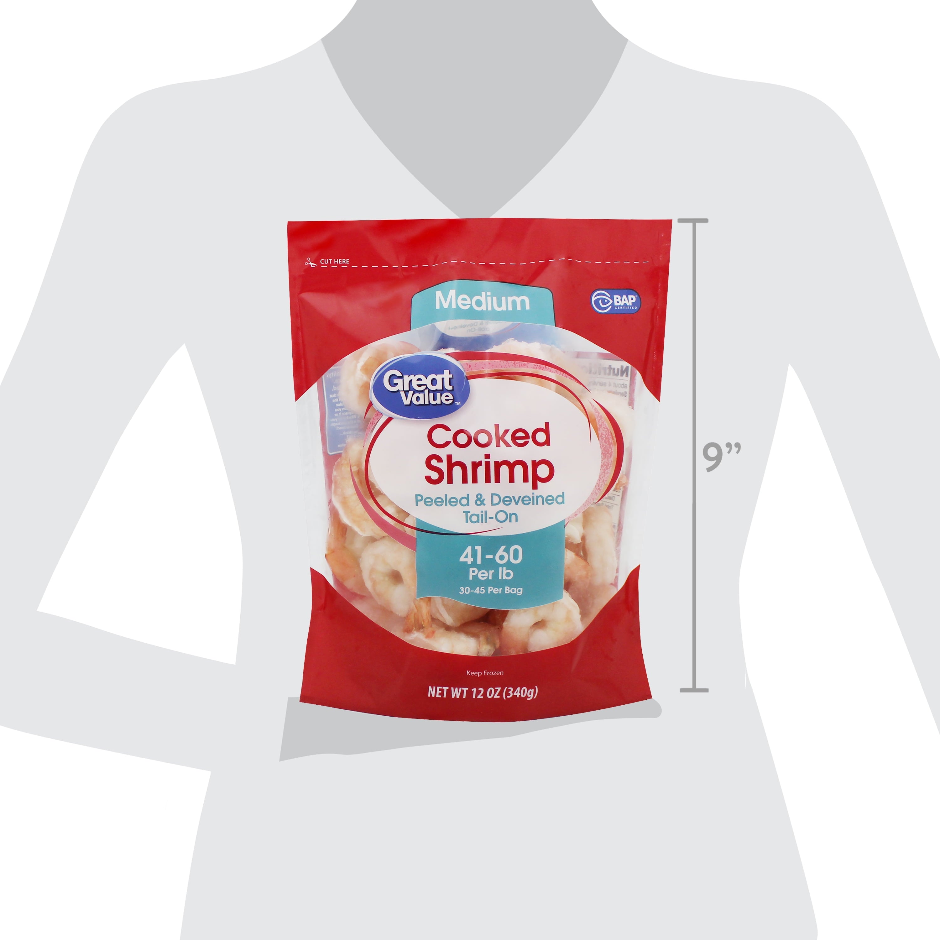 Great Value Frozen Cooked Medium Peeled & Deveined Tail-on Shrimp, 12 oz Bag (41-60 Count per lb)