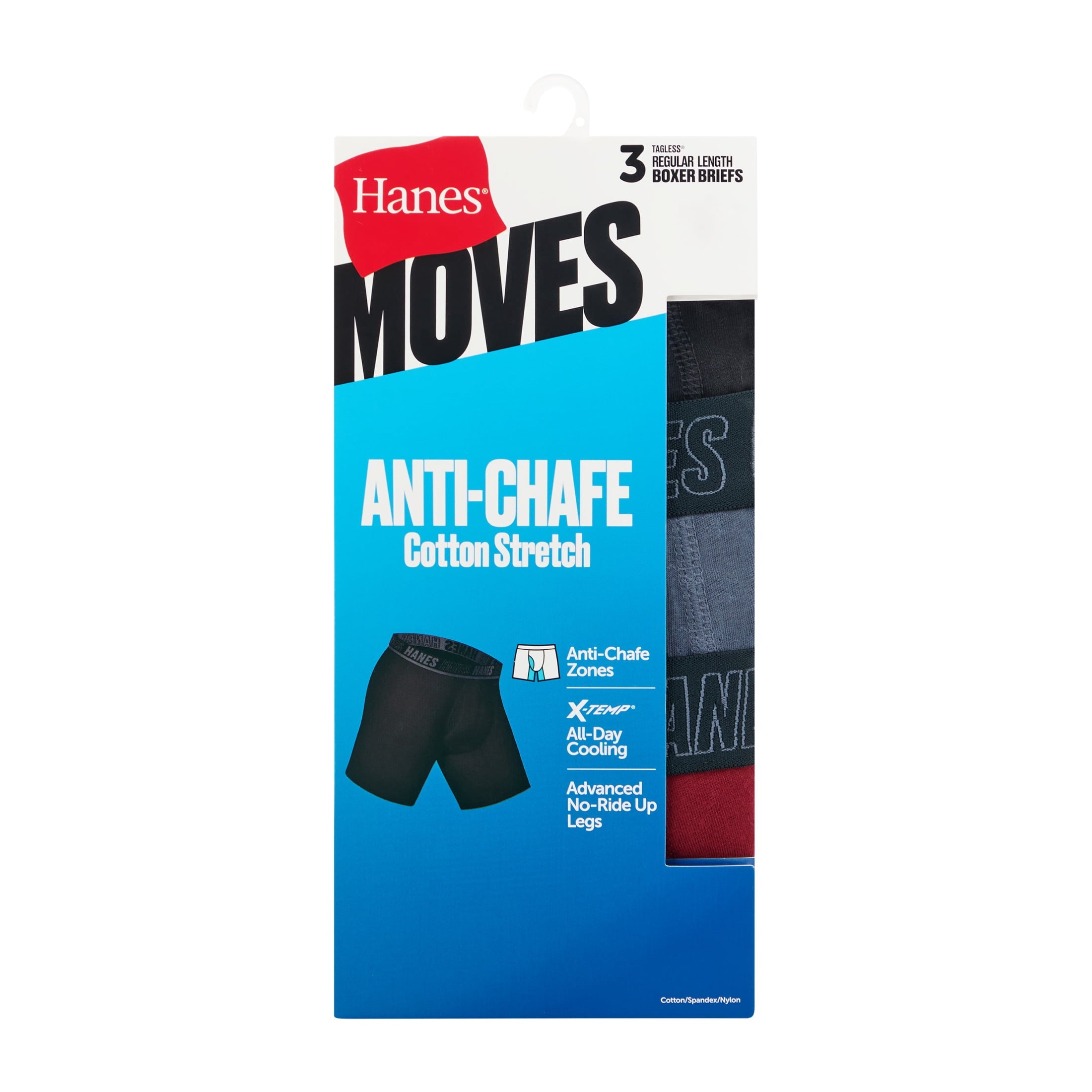 Hanes Mens Underwear Boxer Briefs, 3-Pack, Moves Anti-Chafe Men's Boxer Briefs MACCD3