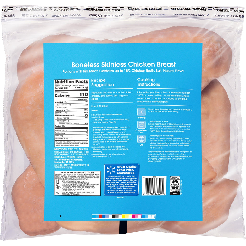 Great Value All Natural Boneless Skinless Chicken Breasts, 3 lb (Frozen)