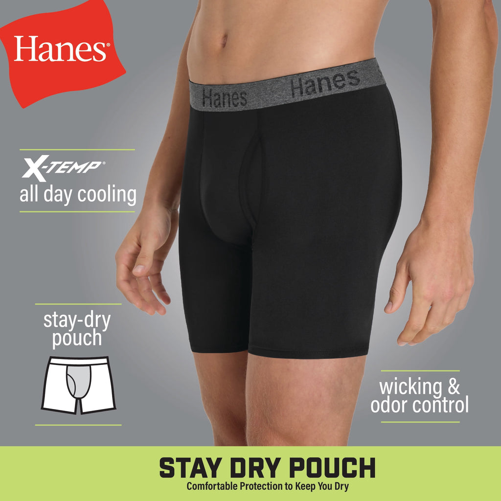 Hanes Men's Boxer Brief Underwear Pack with Stay Dry Pouch, Cotton Stretch, Assorted, 3-Pack