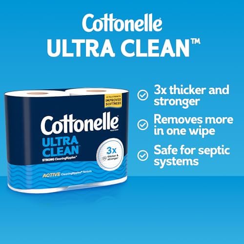 Cottonelle Ultra Clean Toilet Paper with Active CleaningRipples Texture, Strong Bath Tissue, 1-Ply, 24 Family Mega = 132 Regular Rolls (4 Packs of 6), White