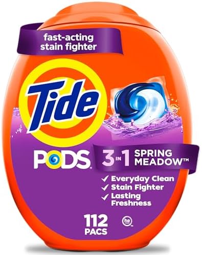 Tide PODS laundry detergent pacs, 3-in-1 Stain Remover, Odor Fighter, Color Protector, 112 Count, HE compatible, Spring Meadow Scent