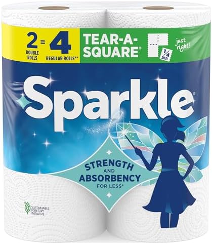 Sparkle Tear-A-Square Paper Towels, 2 Double Rolls (220 Sheets Total) - Strong 2-Ply Towels for Kitchen Cleanup and Everyday Messes