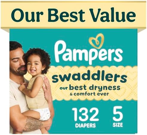 Pampers Swaddlers Diapers, Size 5 (20-37 lbs), 132 Count, Fragrance Free, Hypoallergenic, Absorbent, Pediatrician Recommended, Skin Safe
