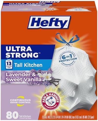 Hefty Ultra Strong 13 Gallon Trash Bags, Tall Kitchen, Drawstring Closure, Odor Control, White, Lavender, Sweet Vanilla, 80 Count