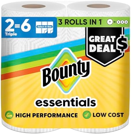 Bounty Essentials Select-A-Size Paper Towels, White, 2 Triple Rolls = 6 Regular Rolls (Packaging May Vary)