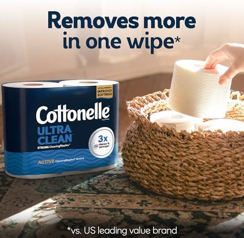 Cottonelle Ultra Clean Toilet Paper with Active CleaningRipples Texture, Strong Bath Tissue, 1-Ply, 24 Family Mega = 132 Regular Rolls (4 Packs of 6), White