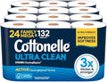 Cottonelle Ultra Clean Toilet Paper with Active CleaningRipples Texture, Strong Bath Tissue, 1-Ply, 24 Family Mega = 132 Regular Rolls (4 Packs of 6), White