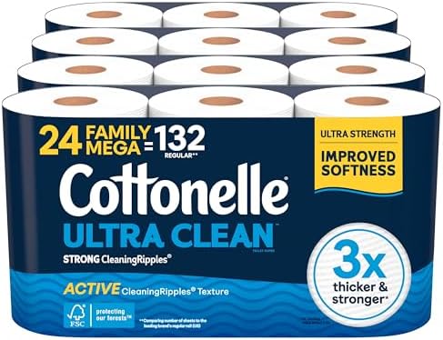 Cottonelle Ultra Clean Toilet Paper with Active CleaningRipples Texture, Strong Bath Tissue, 1-Ply, 24 Family Mega = 132 Regular Rolls (4 Packs of 6), White