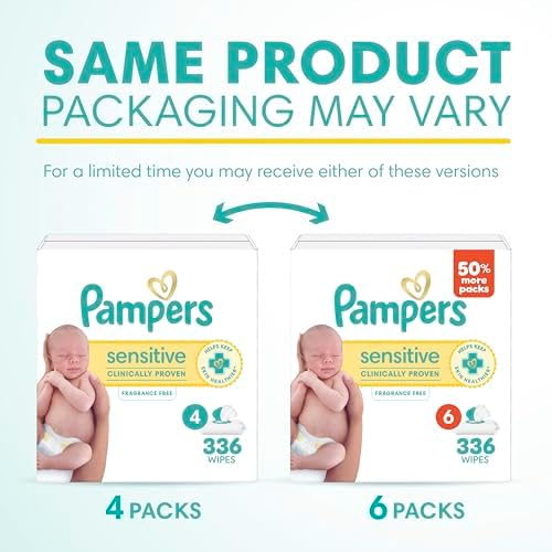 Pampers Sensitive Baby Wipes, Clinically Proven, Fragrance Free, Unscented, Water Based, Hypoallergenic, Multi-Use, Hand Wipes 336 Wipes Total (6X Flip-Top Packs) [Packaging May Vary]