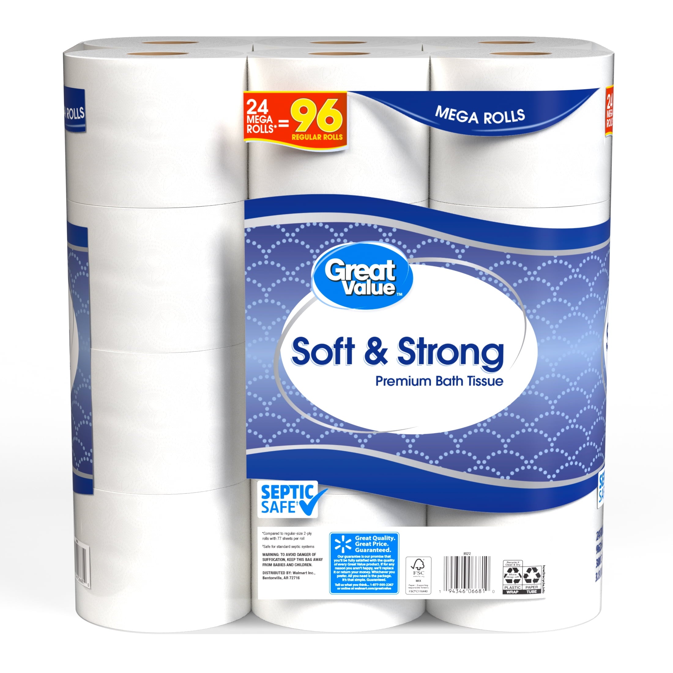 Great Value Soft & Strong Toilet Paper, 12 Mega Rolls, 380 Sheets per Roll