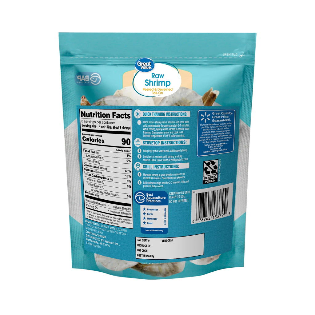 Great Value Frozen Raw Colossal Peeled Deveined Tail-on Shrimp, 12 oz Bag (16-22 Count per lb)