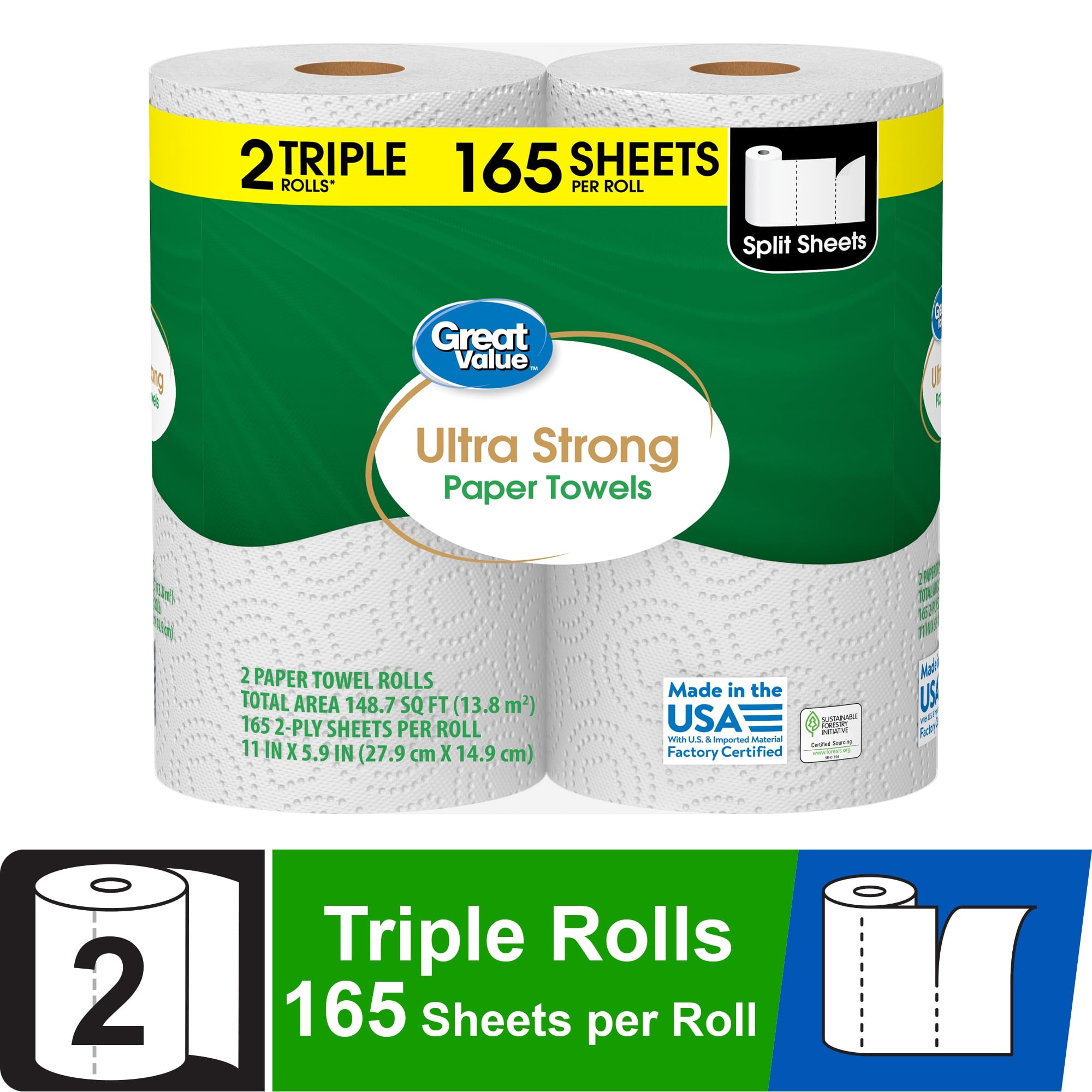 Great Value Ultra Strong Paper Towels, 6 Triple Rolls