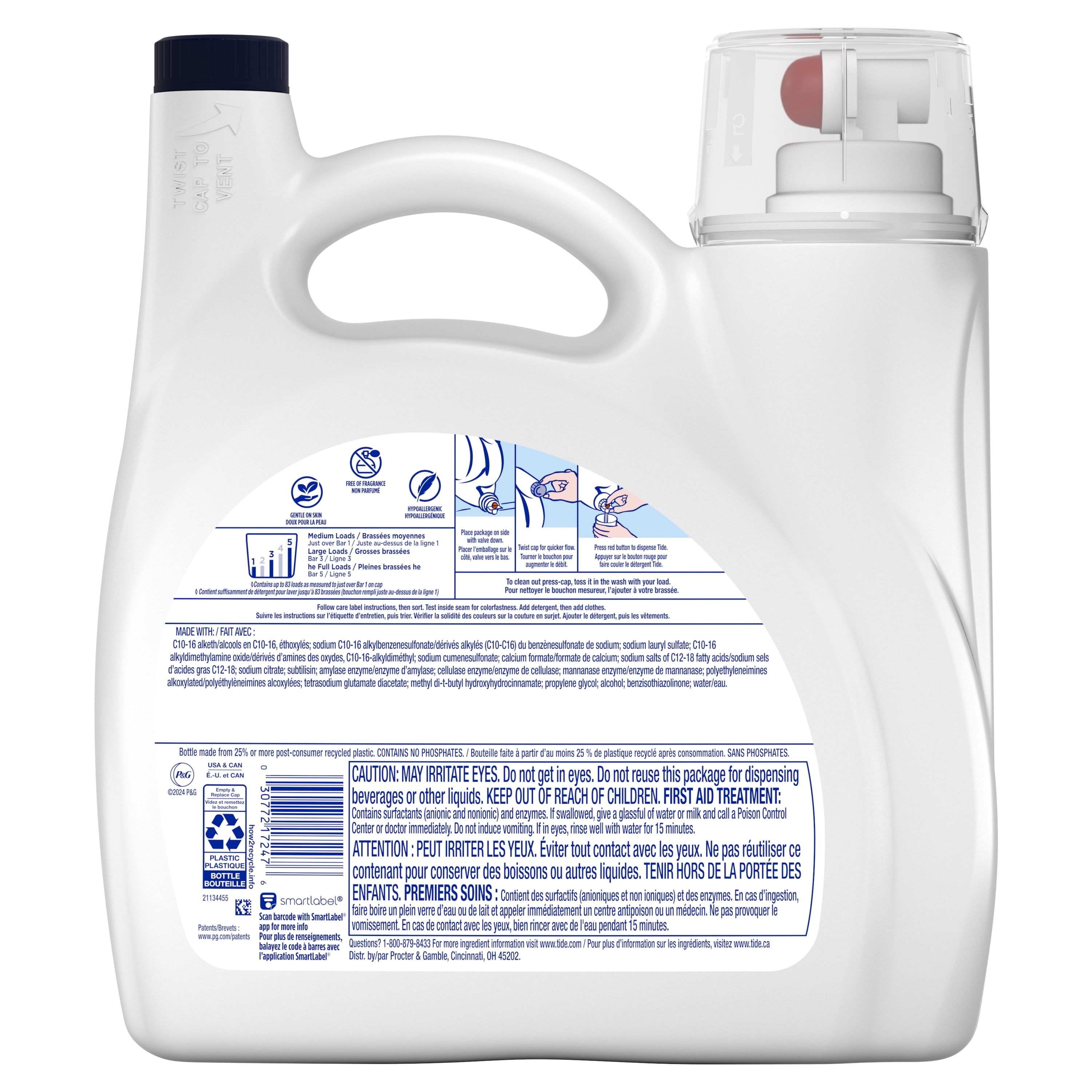 Tide Free & Gentle Laundry Detergent Liquid for Sensitive Skin, Hypoallergenic, Perfume Free, 73 fl oz, 52 Loads