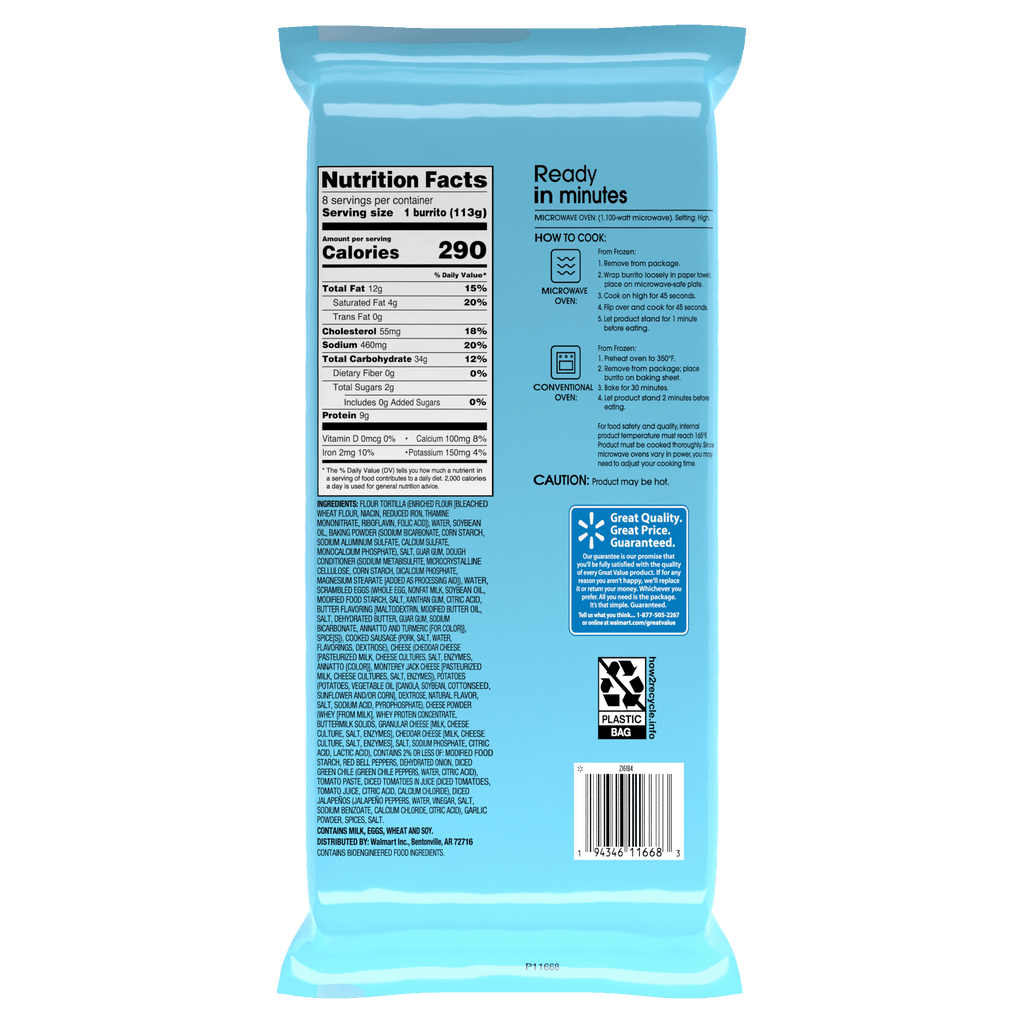 Great Value Sausage Egg and Cheese with Potatoes Breakfast Burritos, 32 oz, 8 Count (Frozen)
