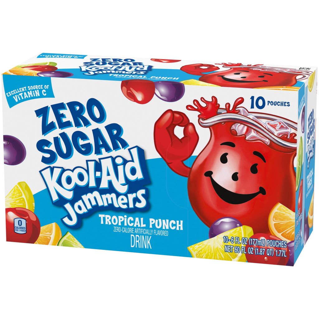 Kool-Aid Zero Sugar Jammers Artificially Flavored Drink, 10 Pouches, for School Lunches and On-the-Go Hydration, Tropical Punch Flavor, Zero Calories, 6 fl oz