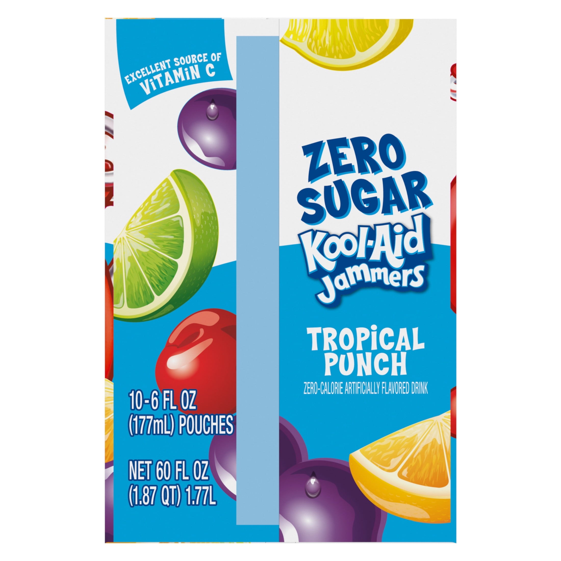 Kool-Aid Zero Sugar Jammers Artificially Flavored Drink, 10 Pouches, for School Lunches and On-the-Go Hydration, Tropical Punch Flavor, Zero Calories, 6 fl oz