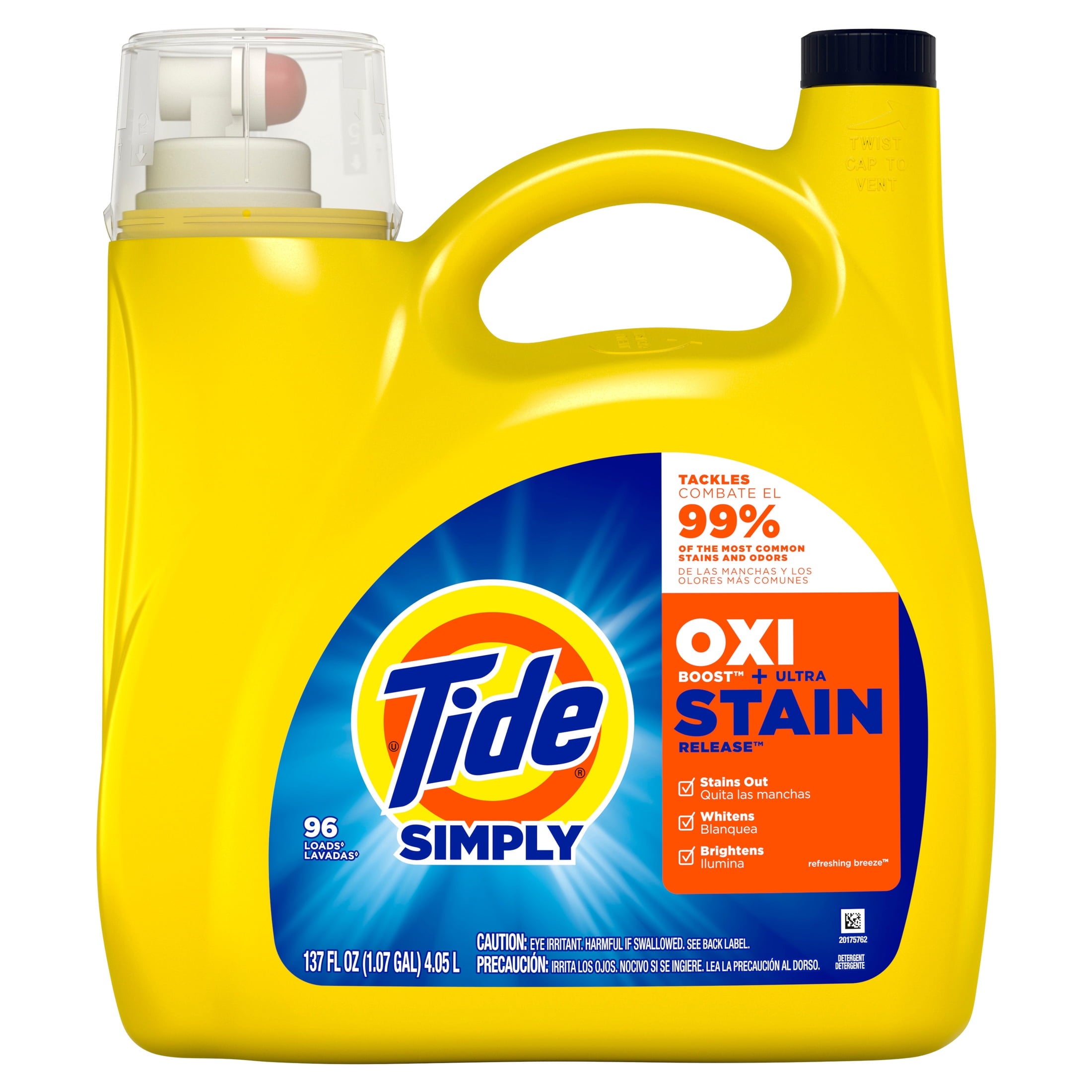 Tide Simply Oxi Boost + Ultra Stain Release Liquid Laundry Detergent, Refreshing Breeze Scent, 105 fl oz, 74 Loads