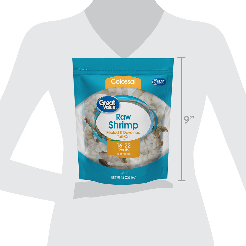 Great Value Frozen Raw Colossal Peeled Deveined Tail-on Shrimp, 12 oz Bag (16-22 Count per lb)