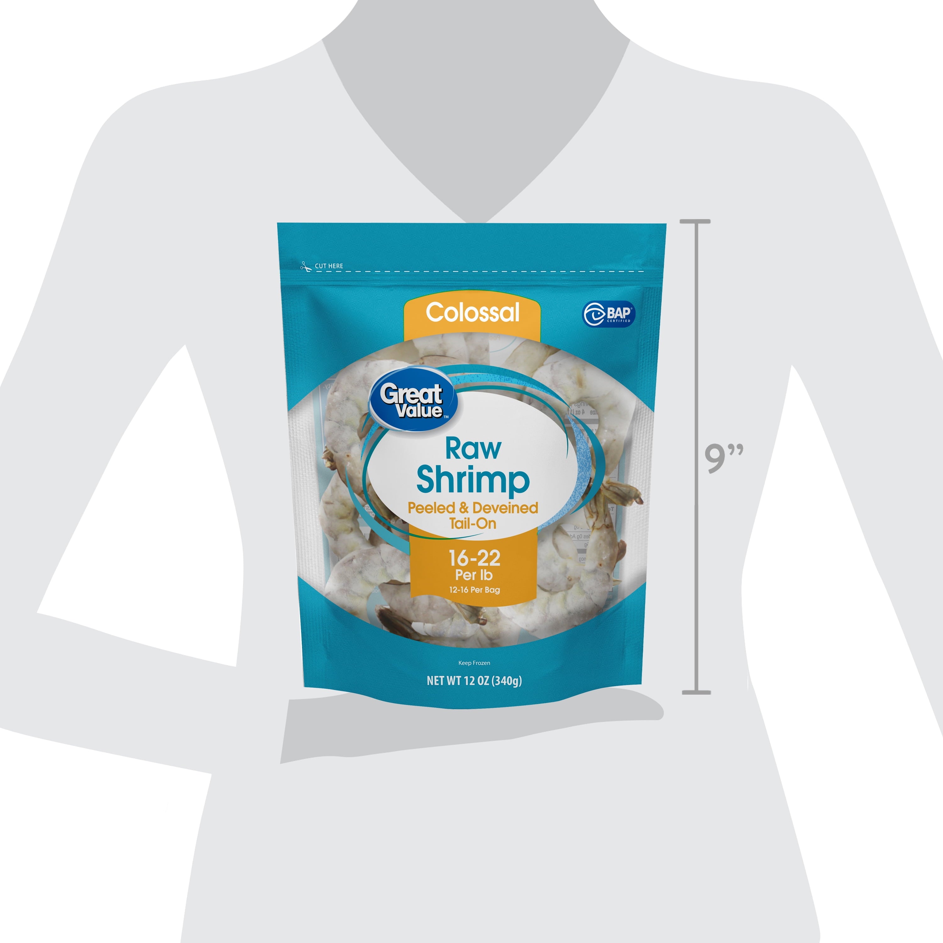 Great Value Frozen Raw Colossal Peeled Deveined Tail-on Shrimp, 12 oz Bag (16-22 Count per lb)