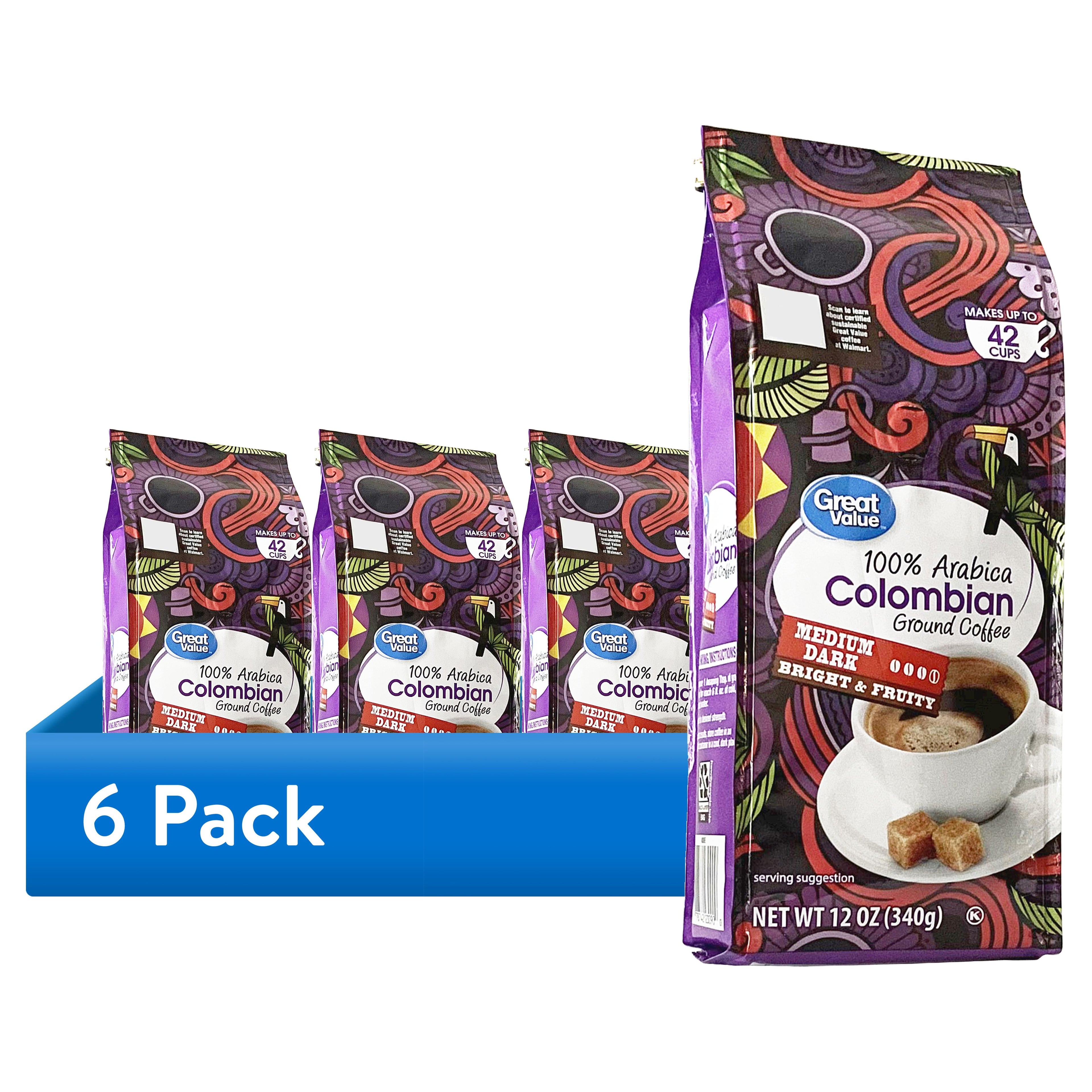 (6 pack) Great Value 100% Arabica Colombian Medium-Dark Roast Ground Coffee, 12 oz, Bag
