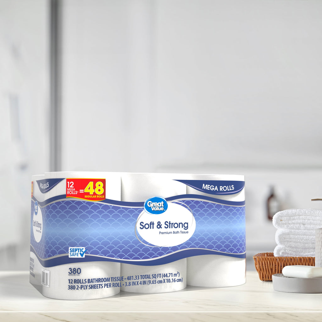 Great Value Soft & Strong Toilet Paper, 12 Mega Rolls, 380 Sheets per Roll