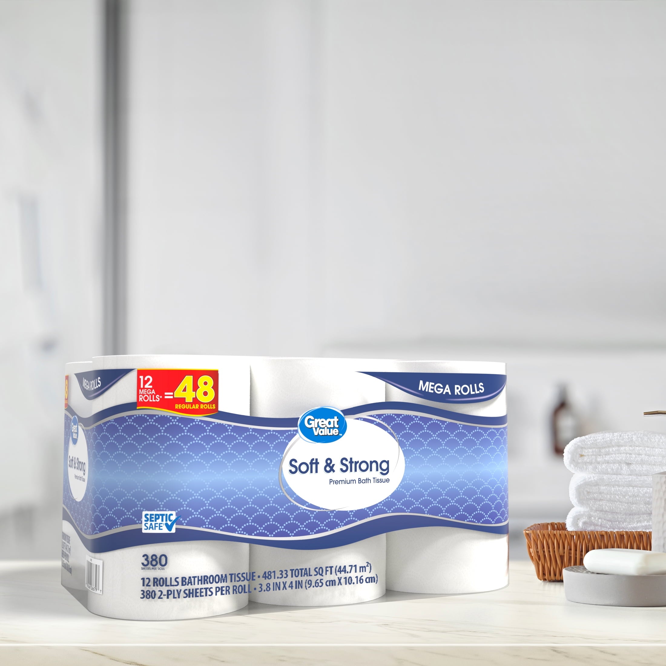 Great Value Soft & Strong Toilet Paper, 12 Mega Rolls, 380 Sheets per Roll