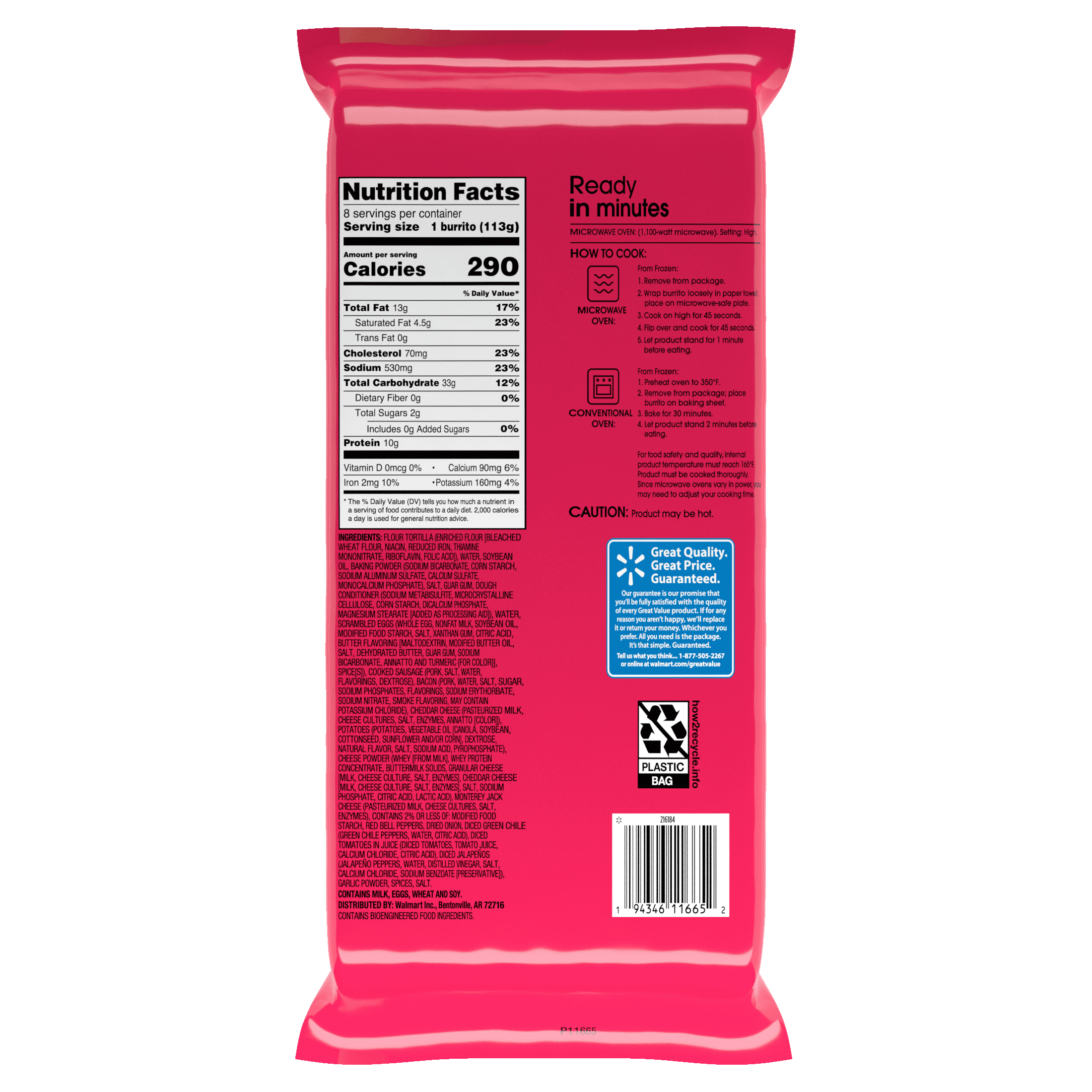 Great Value Meat Lovers Breakfast Burrito, Plastic Film Wrap, 32 oz, 8 Count (Frozen)