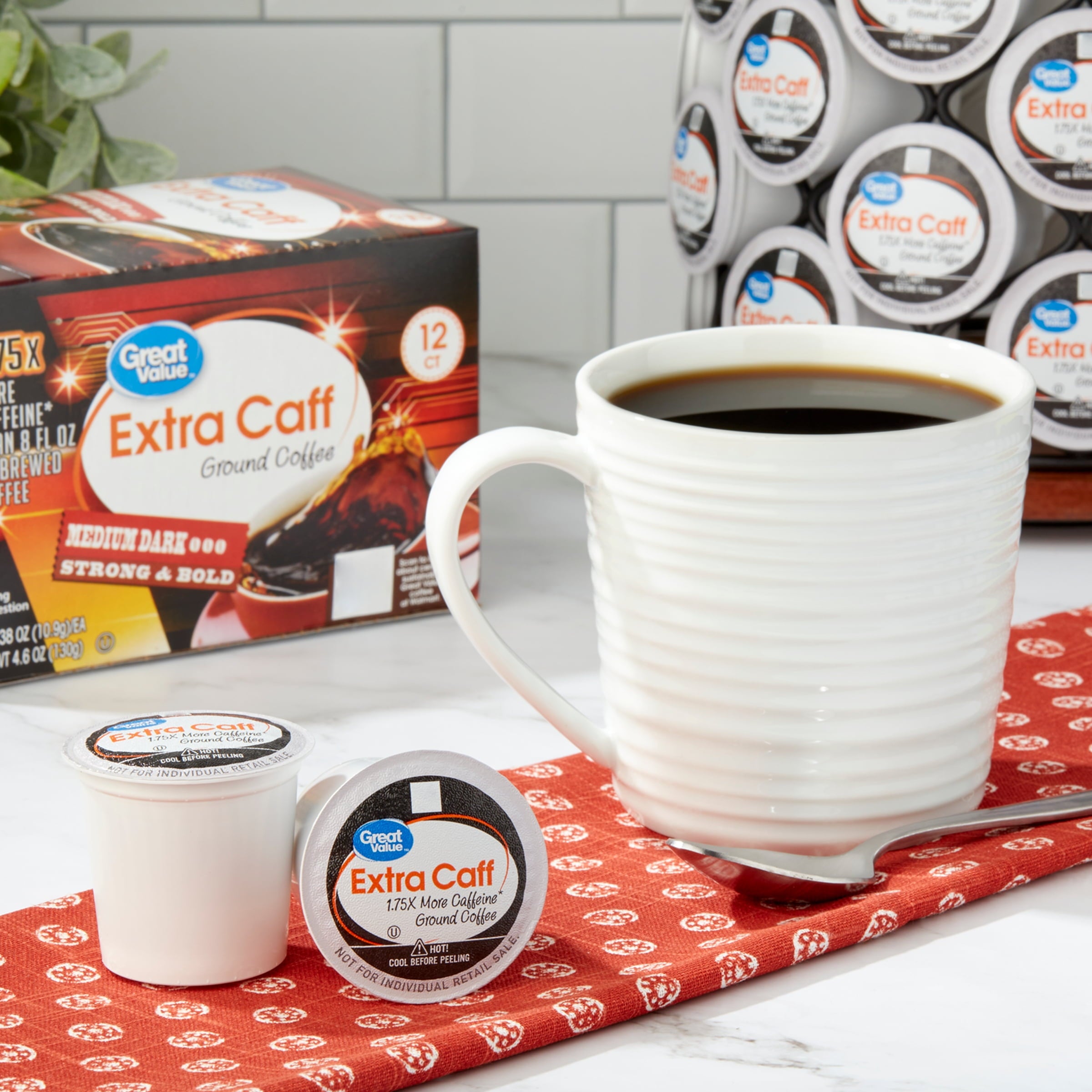 (6 pack) Great Value Extra Caff Medium-Dark Roast Coffee Pods, 12 Ct