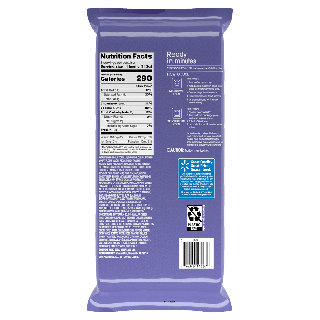 Great Value Sausage Egg and Cheese Breakfast Burrito, 32 oz, 8 Count (Frozen), Plastic Film