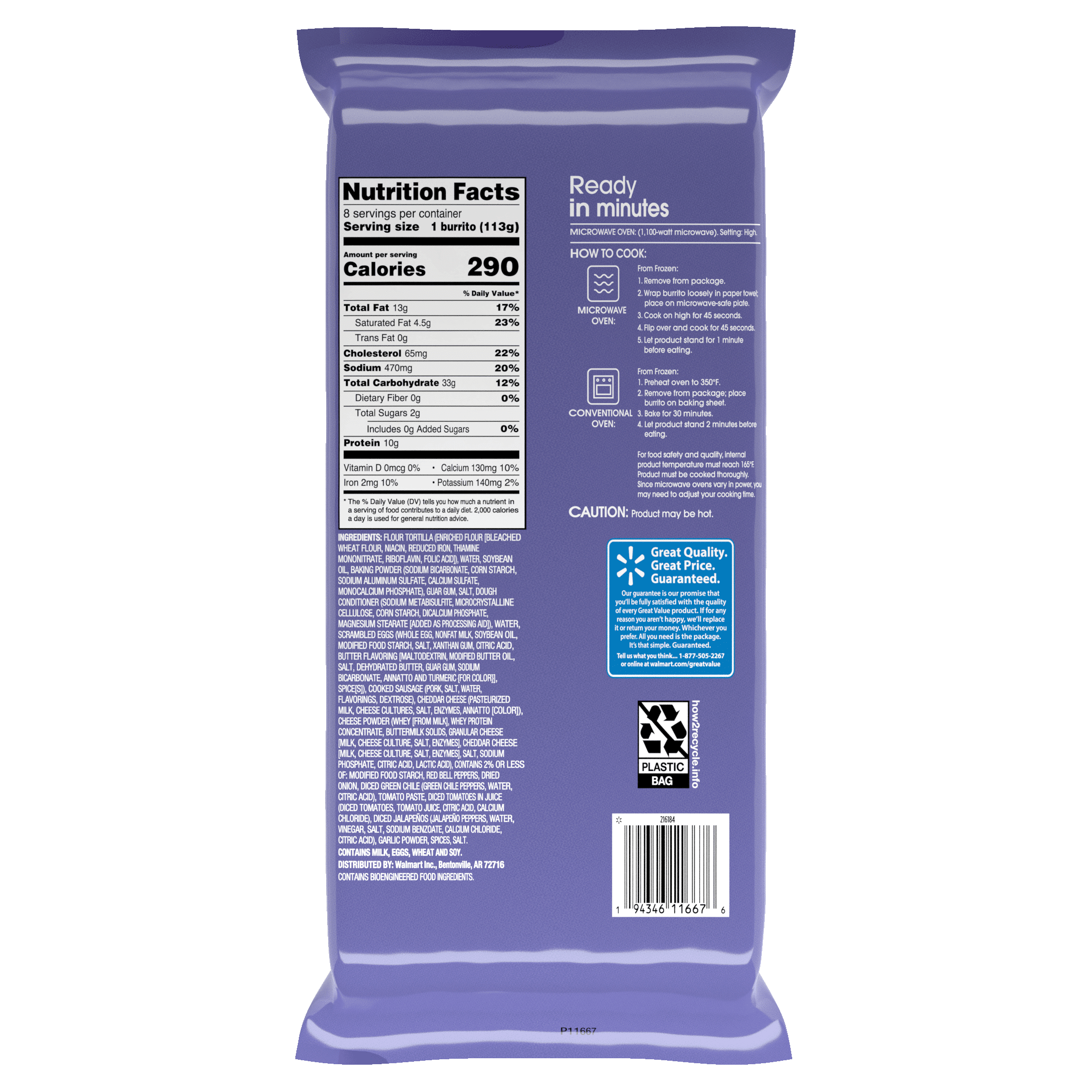 Great Value Sausage Egg and Cheese Breakfast Burrito, 32 oz, 8 Count (Frozen), Plastic Film