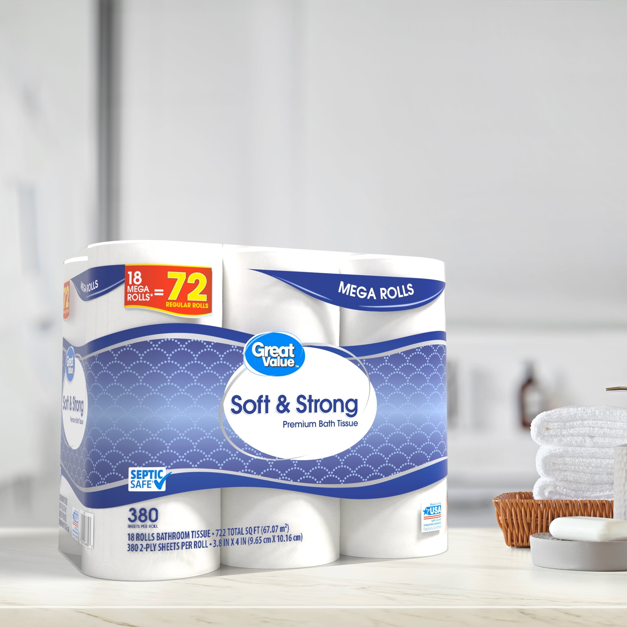 Great Value Soft & Strong Toilet Paper, 12 Mega Rolls, 380 Sheets per Roll