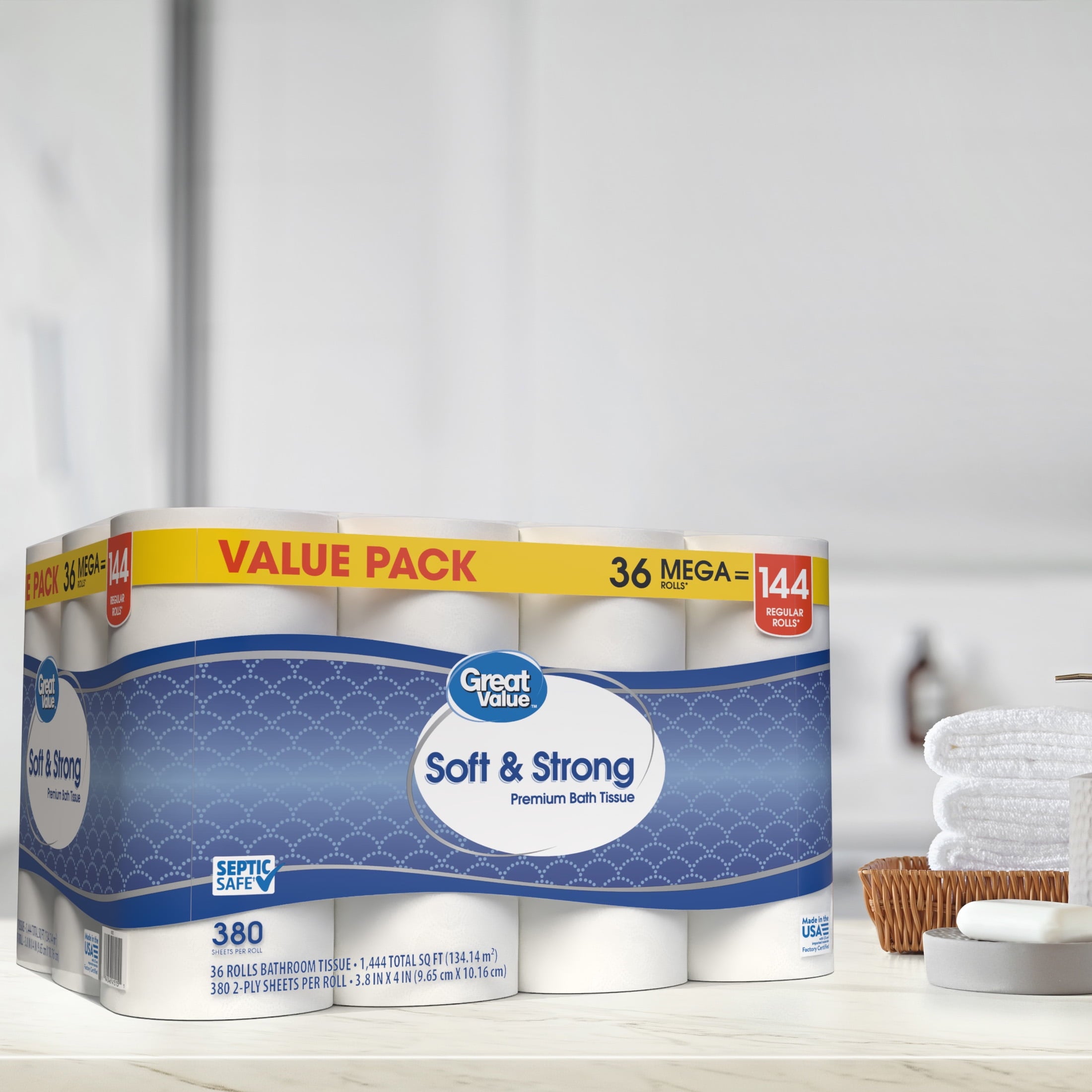 Great Value Soft & Strong Toilet Paper, 12 Mega Rolls, 380 Sheets per Roll