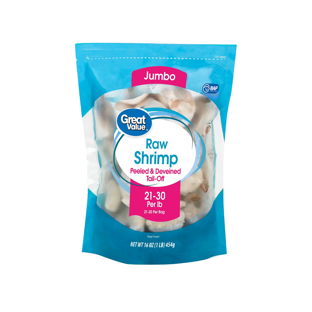 Great Value Frozen Raw Jumbo Tail-off Shrimp, 16 oz Bag (21-30 Count per lb)