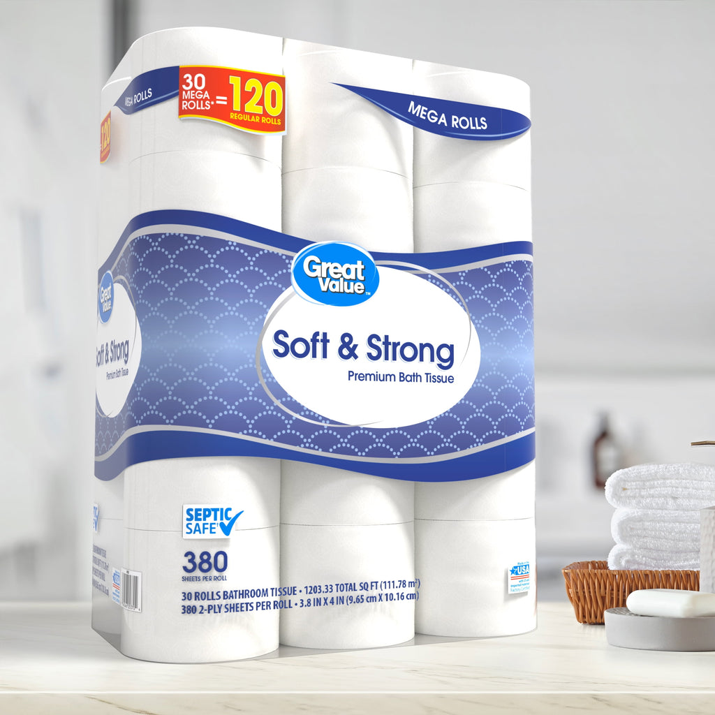 Great Value Soft & Strong Toilet Paper, 12 Mega Rolls, 380 Sheets per Roll