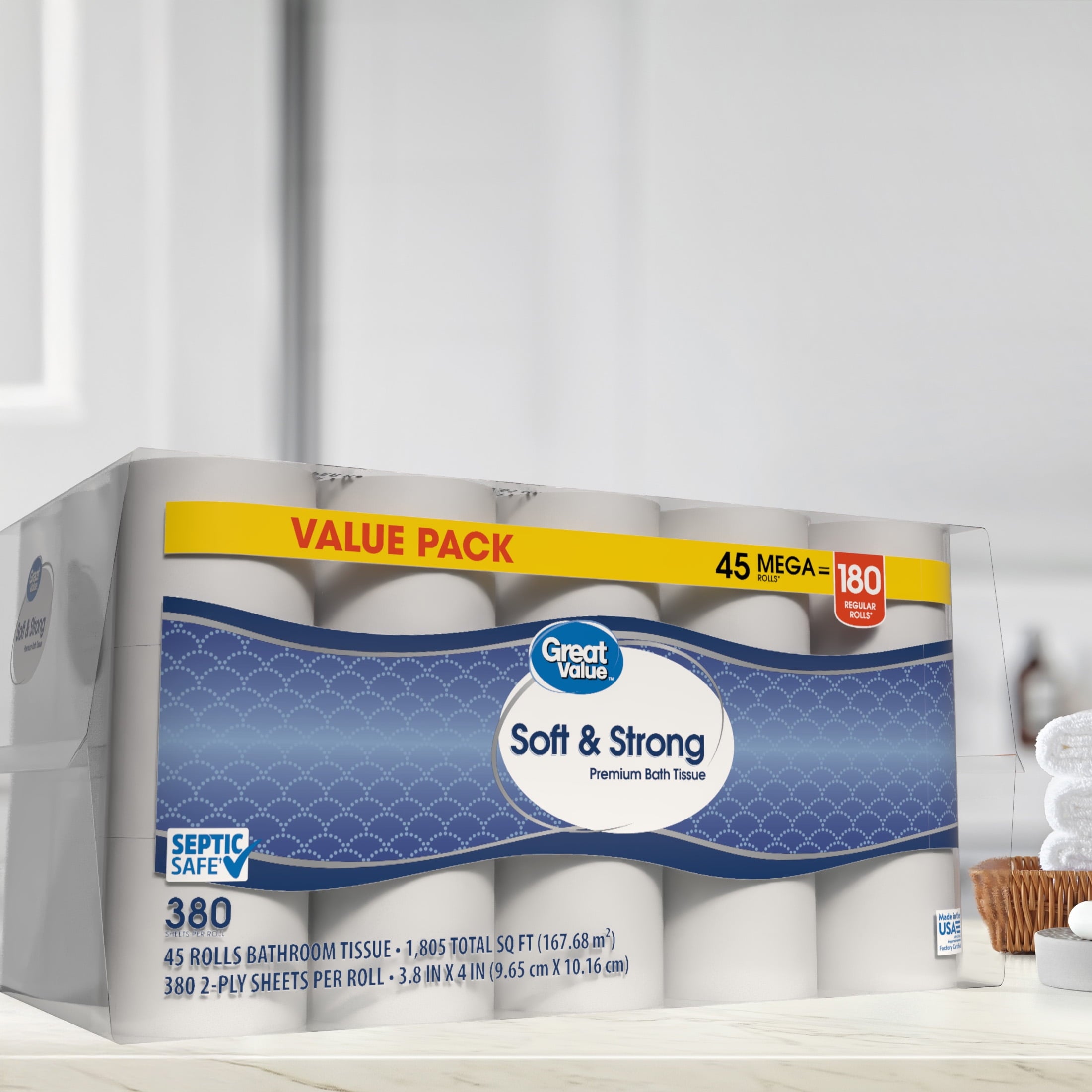 Great Value Soft & Strong Toilet Paper, 12 Mega Rolls, 380 Sheets per Roll